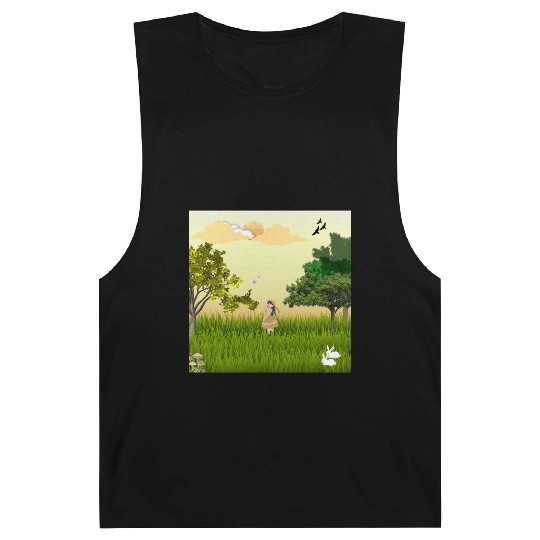 Serene Forest Girl with Bunny and Birds Barnard Tanks