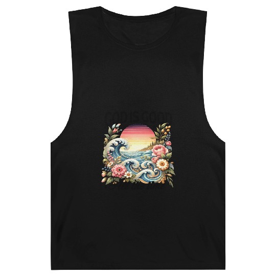 Elegant Wave and Floral Sunset Scene - GOD IS GOOD Barnard Tanks