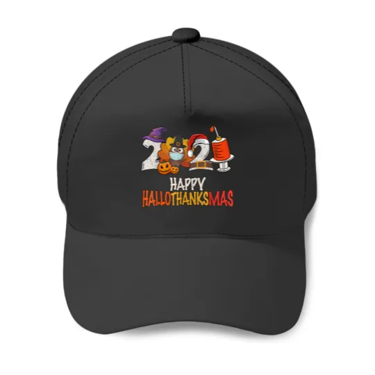 Discover Happy Hallothanksmas 2021 Thanksgiving Turkey wearing mask Baseball Caps