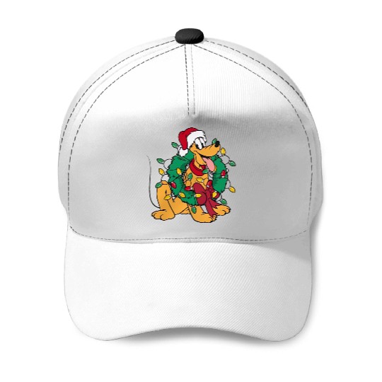 Pluto Wear Santa Hat Hug Christmas Wreath Baseball Caps, Very Merry Xmas Party Disney Trip Baseball Caps