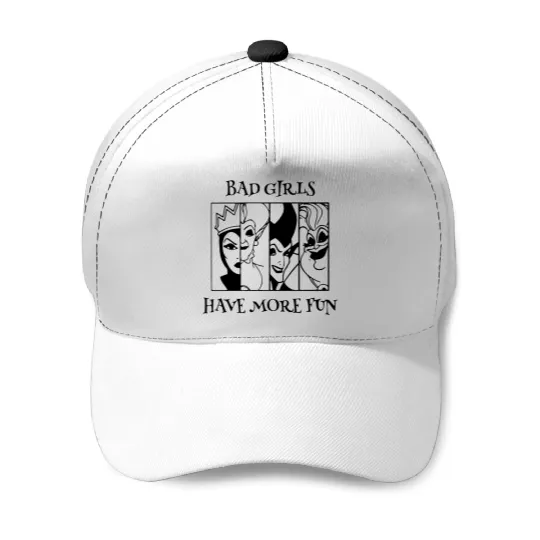 Bad Girls Have More Fun - Disney Villian Graphic Baseball Caps, Ursula Maleficent Evil Queen, Disney Baseball Caps, Halloween Tees, Disney Tees.