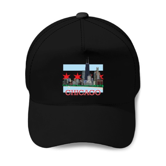 Chicago Skyline and Flag Baseball Caps