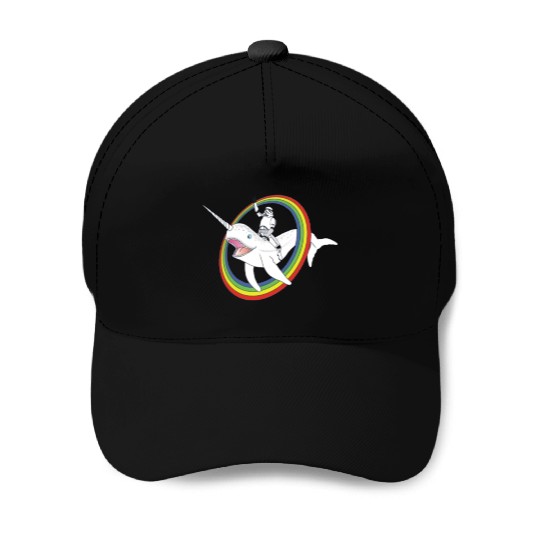 Spaceman riding narwhal through rainbow Baseball Caps