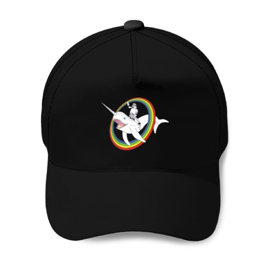 Spaceman riding narwhal through rainbow Baseball Caps