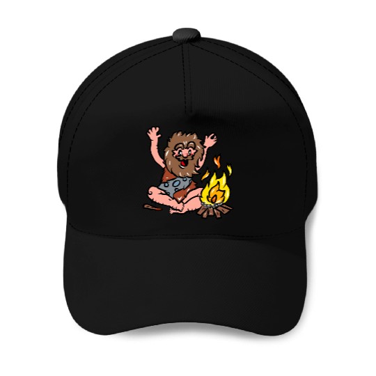 Caveman with Fire Baseball Caps
