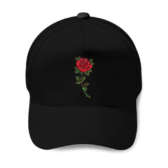 Red rose, Rose stem Baseball Caps