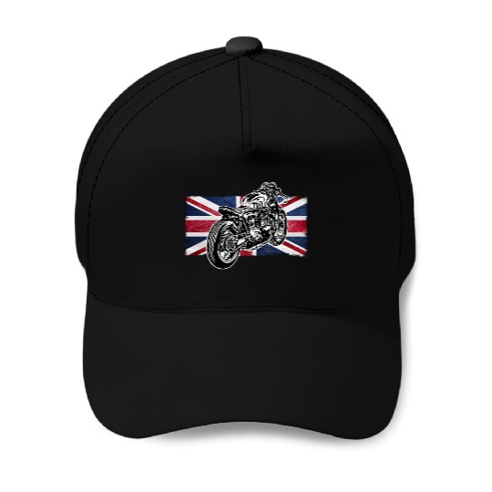 Cafe Racer Bike, Distressed UK Flag Vintage Ride Baseball Caps