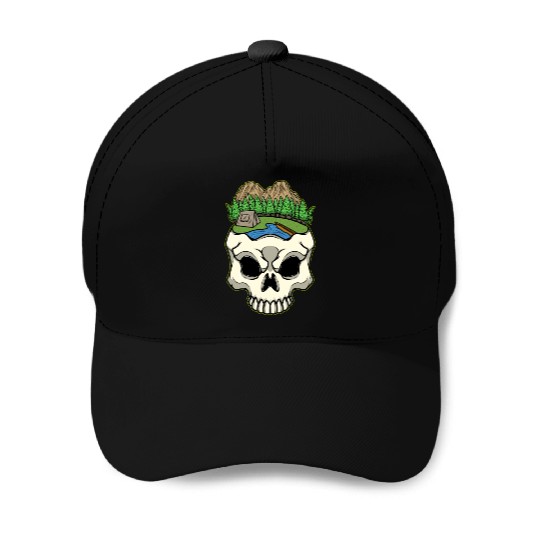 Skeleton Head Camp Campsite Camper Camping Baseball Caps