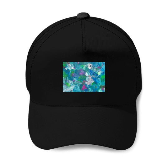 Abstract Blue Teal Brushstrokes Painting Baseball Caps