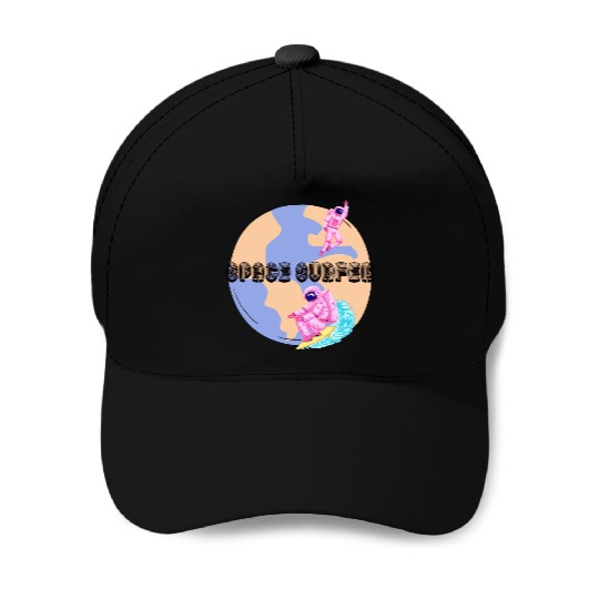 Space Surfer Two Astronauts and Planet Earth Baseball Caps