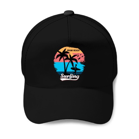 Retro Vintage Sunset Surfing Style Miami Beach Baseball Caps