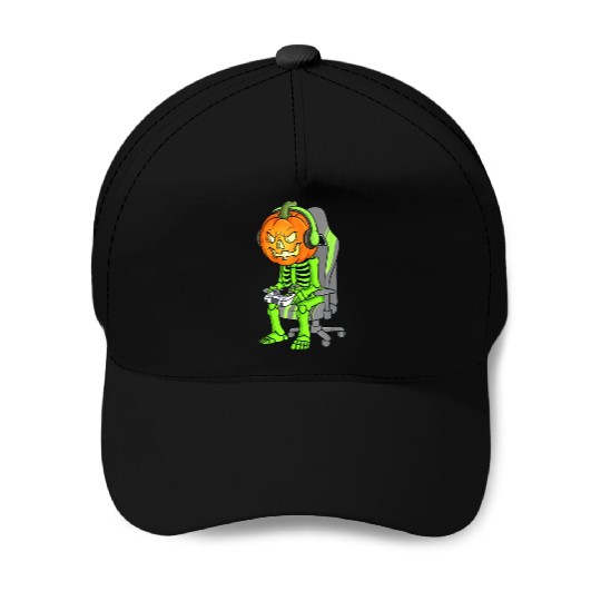 Gaming Halloween Skeleton Jack O Lantern Gamer Boy Baseball Caps