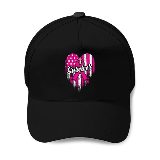 Breast Cancer Survivor Pink Ribbon American Flag Baseball Caps
