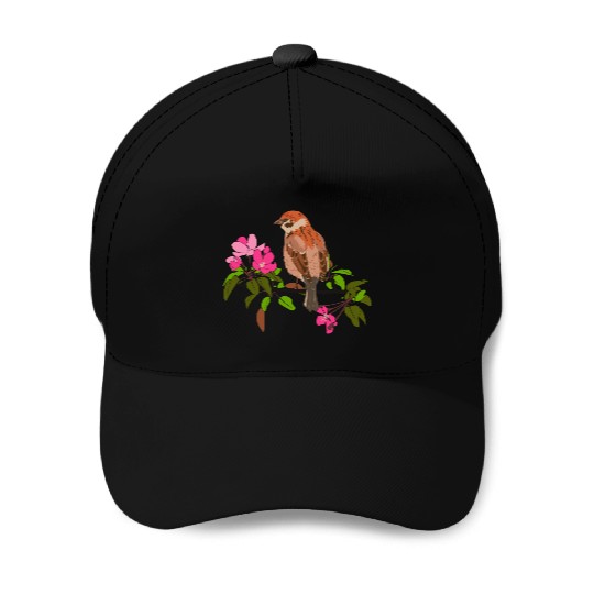 Sparrow on a branch pink flowers of an apple tree Baseball Caps