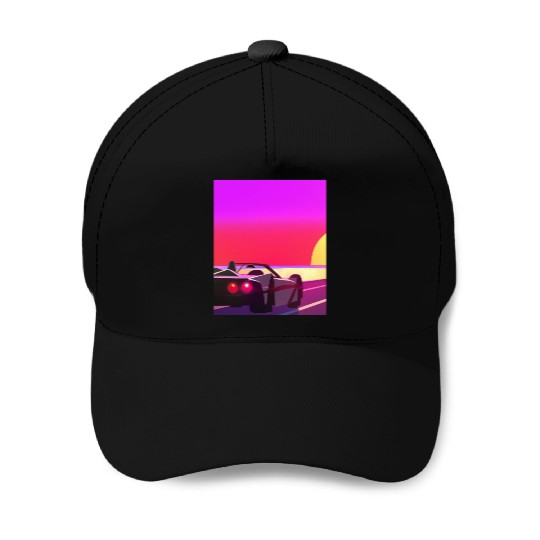 Synthwave Outrun Sports Car Beach Sunset Baseball Caps