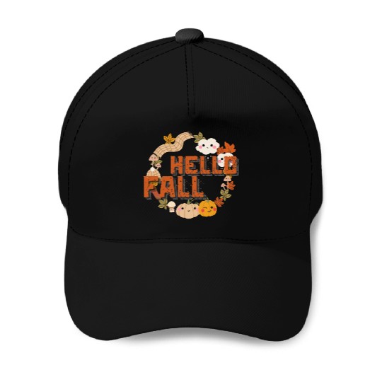 Hello Fall Cute Nature Autumn leaves Pumpkins Baseball Caps