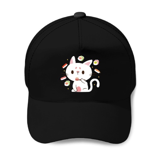 Kawaii Cat Eating Sushi Japanese Raw Food Baseball Caps