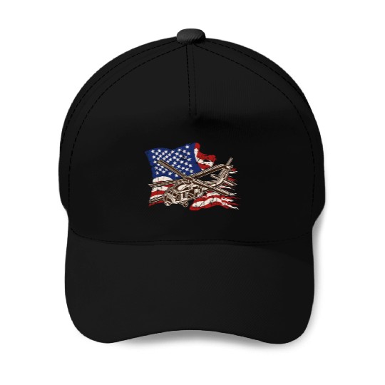 Helicopter with american flag background - chopper Baseball Caps