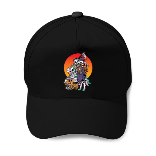 Unicorn Halloween Pumpkin Grim Reaper Baseball Caps