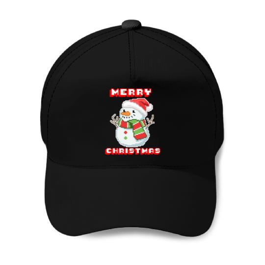 Merry Christmas I Xmas I 8 Bit Pixelated Snowman Baseball Caps