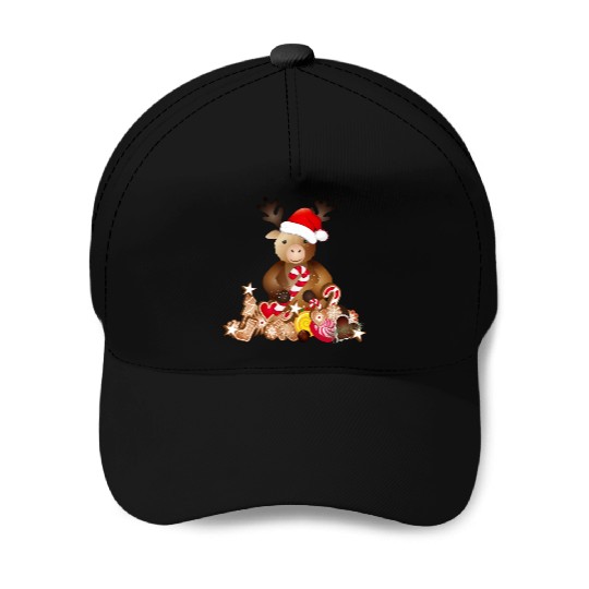 cute reindeer for christmas with santa hat Baseball Caps