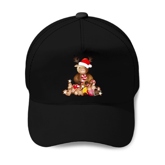 cute reindeer for christmas with santa hat Baseball Caps
