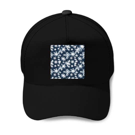 Snow pattern on navy blue background Baseball Caps