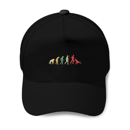 Father Running With Baby Carriage Evolution Baseball Caps