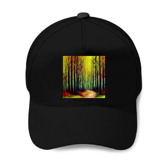 Sunset watercolor forest Baseball Caps
