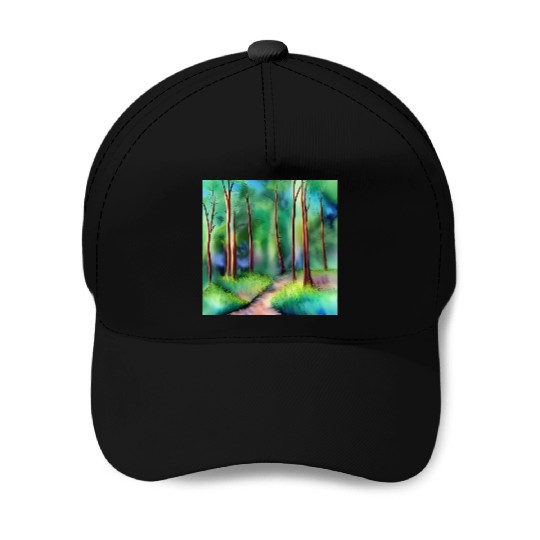 Watercolor Forest Road Baseball Caps