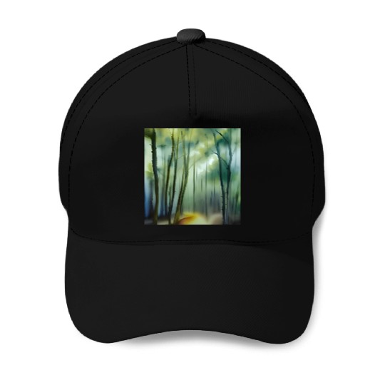 Fog in the water color forest Baseball Caps
