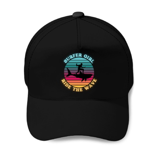 Shark SurferGirl Ride the Wave Rainbow Sunset Neon Baseball Caps