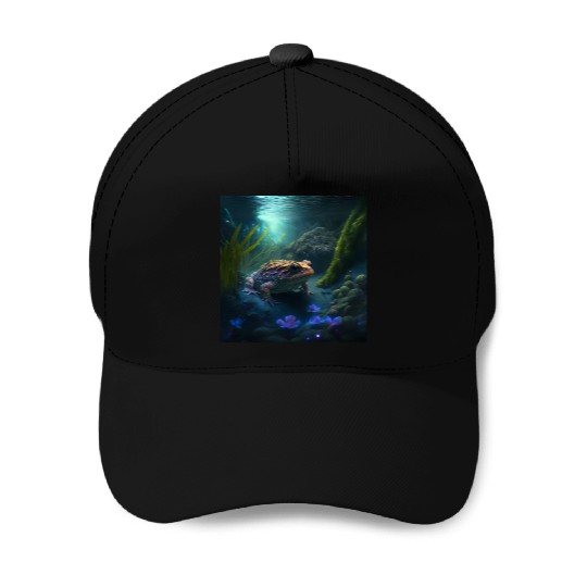 A toad in a creek the toad has blue glowing eyes Baseball Caps