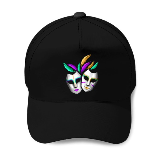 Pair Of White Masks With Feathers For Mardi Gras Baseball Caps