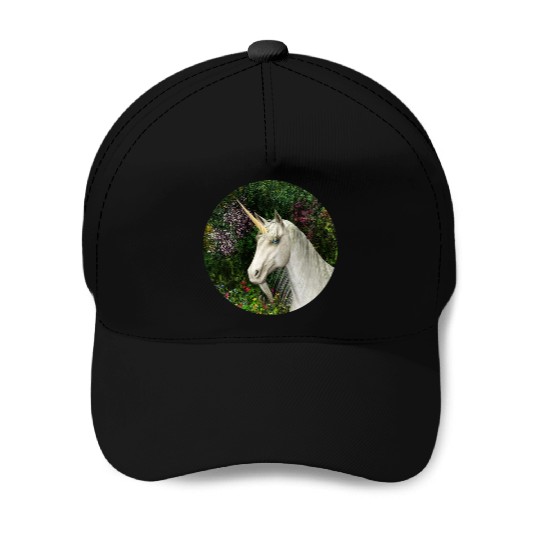 Magical Unicorn Surrounded by Wildflowers Baseball Caps