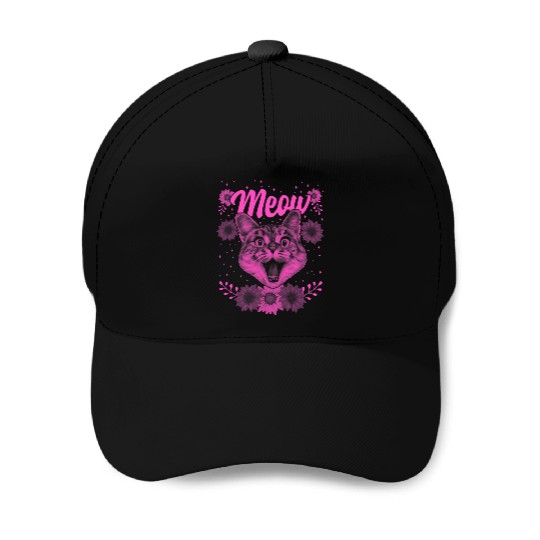 Cat Meow Lover Furry Animals 1980 Floral Baseball Caps