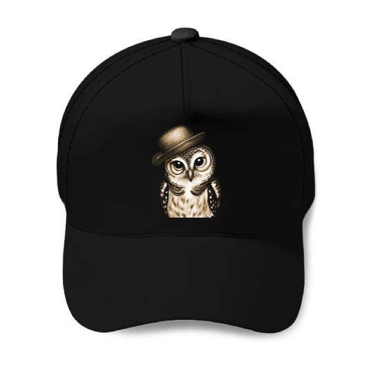 owl wearing derby hat - brown color Baseball Caps