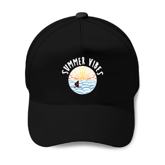 illustration sun sea boat summer vibes Baseball Caps