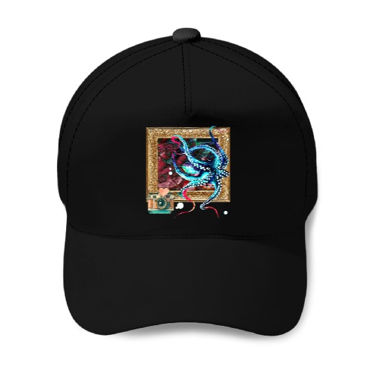 An Octopus, A Camera, And A Dark Map Baseball Caps