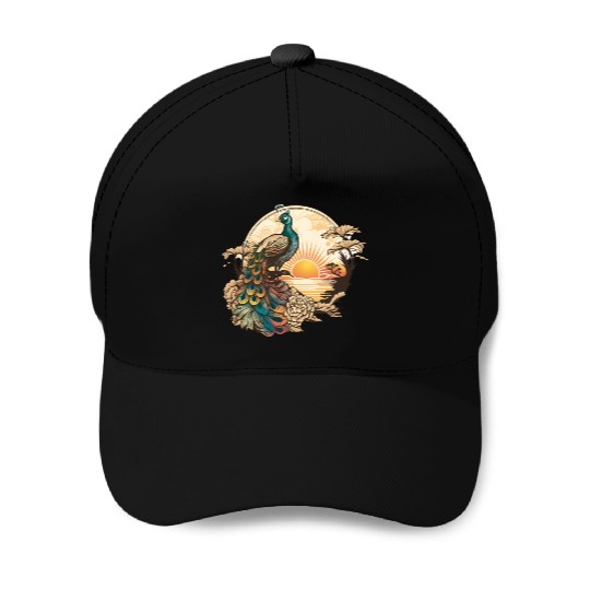 Serenity at Sunrise: Peacock Inspired Artwork Baseball Caps