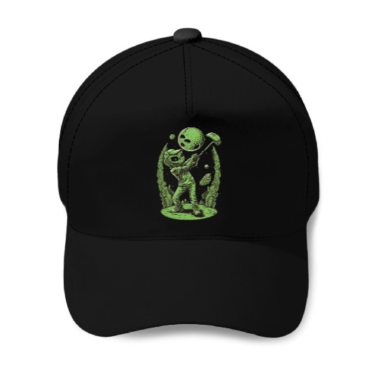 Alien Playing Golf Golfer UFO Extraterrestrial Baseball Caps