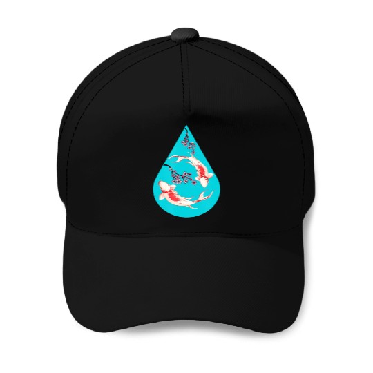 Serenity Koi Fish Raindrop Cheri Blossom Zen Baseball Caps
