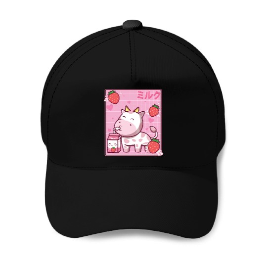 Kawaii Pink Strawberry Cow Milk Shake Otaku Anime Baseball Caps