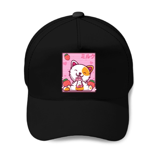 Kawaii Kitten Cute Cat Strawberry Milk Shake Baseball Caps