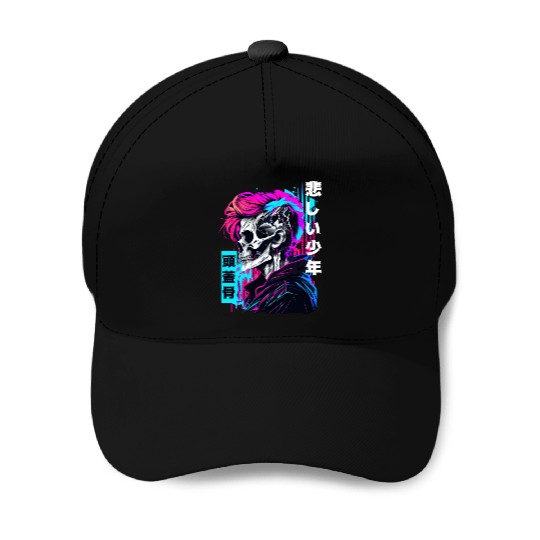 Retro Edgy Skull Sad Anime Boy Japanese Vaporwave Baseball Caps
