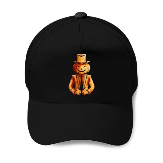 Realistic Jack O Lantern Pumpkin Man In Suit Baseball Caps