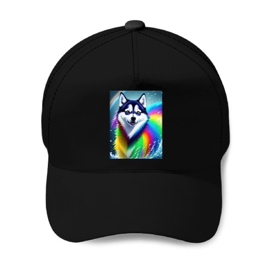 Husky dog with rainbow splashes of colors Baseball Caps