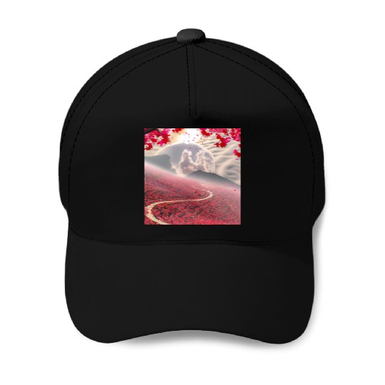 Misty Mountain Cherry Blossom Landscape Baseball Caps