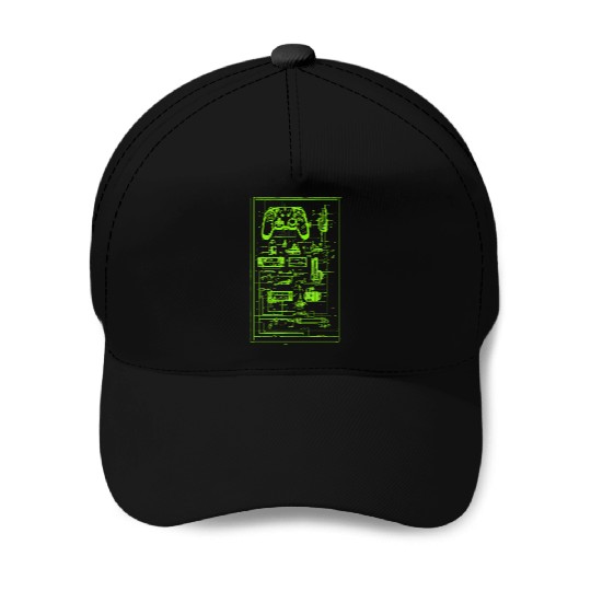 Neon Green Video Game Controller Blueprint Baseball Caps