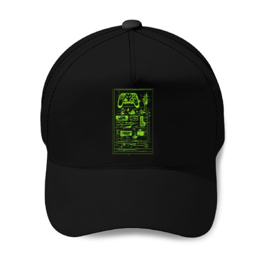Neon Green Video Game Controller Blueprint Baseball Caps